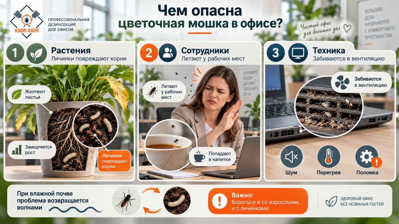 Чем опасна цветочная мошка для растений, сотрудников и офисной техники
